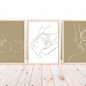 May include: Three minimalist line art prints with a beige background. Each print features a person receiving a massage. The first print shows a person lying on their stomach with a hand on their back. The second print shows a person lying on their back with a hand on their face. The third print shows a person lying on their side with a hand on their shoulder.