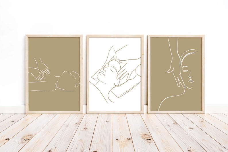 May include: Three minimalist line art prints with a beige background. Each print features a person receiving a massage. The first print shows a person lying on their stomach with a hand on their back. The second print shows a person lying on their back with a hand on their face. The third print shows a person lying on their side with a hand on their shoulder.