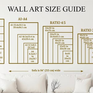 May include: A wall art size guide with different ratios and measurements in inches and centimeters. The guide includes ratios of 2:3, 4:5, 3:4, and 11x14. The guide also includes standard paper sizes A1, A2, A3, and A4. The guide is displayed on a white wall with a sofa in the foreground.