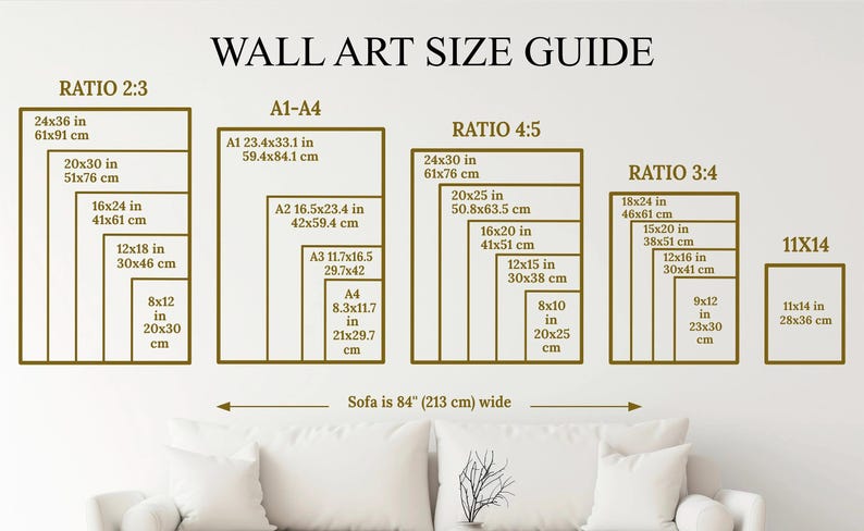 May include: A wall art size guide with different ratios and measurements in inches and centimeters. The guide includes ratios of 2:3, 4:5, 3:4, and 11x14. The guide also includes standard paper sizes A1, A2, A3, and A4. The guide is displayed on a white wall with a sofa in the foreground.