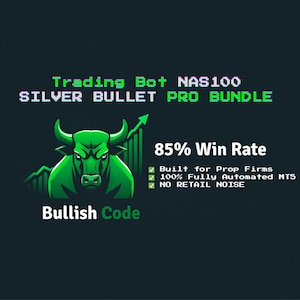 May include: A digital graphic with the text "Trading Bot NAS100 SILVER BULLET PRO BUNDLE." It features a green bull with an upward-pointing arrow, the words "Bullish Code," and "85% Win Rate."