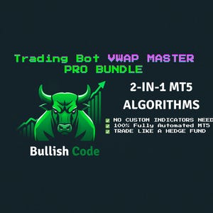 Könnte beinhalten: Eine digitale Grafik mit dem Text "Trading Bot VWAP MASTER PRO BUNDLE" in Grün und Lila. Sie zeigt einen grünen Bullen mit einem Pfeil nach oben und die Worte "Bullish Code". Zusätzlicher Text enthält "2-IN-1 MT5 ALGORITHMS".