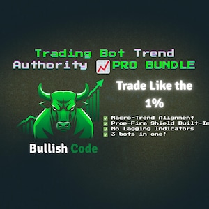 Może przedstawiać: Grafika cyfrowa z zielonym bykiem, strzałką w górę i tekstem "Trading Bot Trend Authority PRO BUNDLE". Obraz zawiera również tekst "Trade Like the 1%" oraz punktorami opisującymi funkcje.