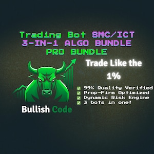 May include: A digital graphic with a green bull logo and the text "Trading Bot SMC/ICT 3-IN-1 ALGO BUNDLE PRO BUNDLE." The text "Trade Like the 1%" is also displayed, along with bullet points listing features.
