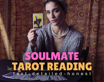 May include: A woman holding a tarot card with a yellow background and a figure on a horse. The image has the text "SOULMATE TAROT READING fast-detailed-honest". The woman is wearing a gray sweater and a pearl necklace.