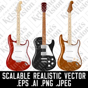 May include: Three electric guitars in red, black, and brown. Each guitar has a different body shape and colour, with white pickguards and various headstock designs. The image includes the text "SCALABLE REALISTIC VECTOR .EPS .AI .PNG .JPEG".