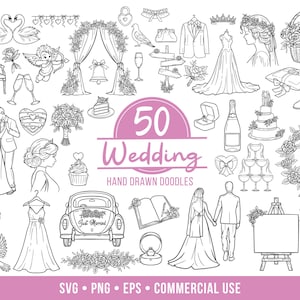 May include: Black and white hand-drawn doodles of wedding-themed elements, including a bride and groom, wedding cake, dress, rings, and floral arrangements. The image includes the text "50 Wedding Hand Drawn Doodles."