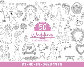 Paquete de imágenes prediseñadas SVG de boda caprichosas dibujadas a mano, PNG, EPS, vectores, imágenes prediseñadas, iconos de boda de arte de línea limpia para Cricut, Canva y Procreate