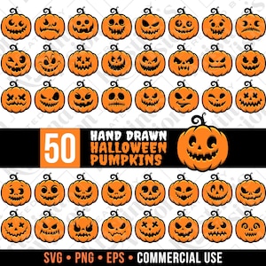 Halloweenpumpor SVG-paket | 50 Jack O'Lantern-ansikten | Handritad vektor EPS Clipart | Direktnedladdning PNG | Spöklik vektor ClipArt