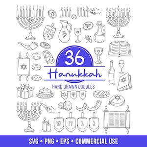 May include: A collection of black and white hand-drawn Hanukkah illustrations, featuring menorahs, dreidels, and a Torah scroll. The image includes the text "36 Hanukkah Hand Drawn Doodles" in a blue circle, with SVG, PNG, EPS, and commercial use information.