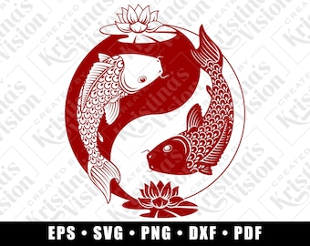 Yin Yang Koi fish vector (EPS, SVG, Dxf) and transparent PNG files in papercut style.