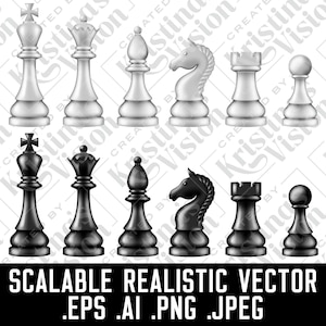 Realistic Chess Pieces Vector Scalable Clipart | EPS PNG AI Jpeg | Chess Figures Bundle | Rook King Queen Knight Pawn Bishop White Black