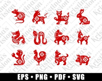 12 Chinese Zodiac Signs Vector Clip Art Images | Traditional Papercut Style | SVG EPS PNG Pdf Bundle | Full Set of Chinese Astrology Symbols