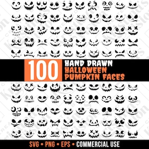 Puede incluir: Una colección de 100 caras de calabaza de Halloween negras dibujadas a mano. La imagen incluye varias expresiones talladas, con el texto "100 Hand Drawn Halloween Pumpkin Faces" e información sobre el tipo de archivo.