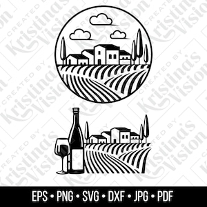 Puede incluir: Ilustración en blanco y negro de una escena de viñedos con una botella de vino y una copa. La imagen incluye un diseño circular con un paisaje de colinas, casas y árboles. La parte inferior de la imagen tiene el texto "EPS • PNG • SVG • DXF • JPG • PDF".