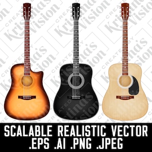 May include: Three acoustic guitars in different colors: a sunburst, a black, and a natural wood finish. The image includes the text "SCALABLE REALISTIC VECTOR .EPS .AI .PNG .JPEG".