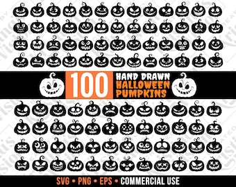 100 Halloween Pumpkins SVG | Jack O Lantern Faces | Hand Drawn Vector EPS Clipart | Instant Download PNG | Cricut Silhouette Canva Bundle