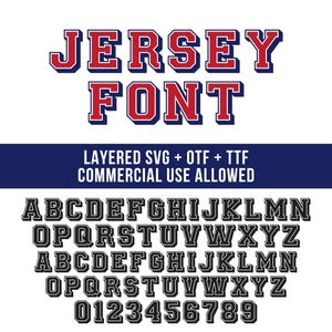 Może przedstawiać: Cyfrowy projekt przedstawiający czerwoną i niebieską czcionkę "JERSEY FONT" z efektem warstwowym. Obraz zawiera pełny alfabet i zestaw cyfr w podobnym stylu. Tekst "LAYERED SVG + OTF + TTF COMMERCIAL USE ALLOWED" jest również dołączony.