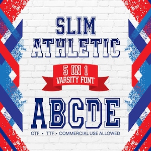 May include: A digital graphic featuring the text SLIM ATHLETIC, 5 IN 1 VARSITY FONT, and ABCDE, with OTF, TTF, COMMERCIAL USE ALLOWED text below. The design includes red and blue diagonal stripes on a white brick background.