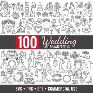 May include: Black and white hand-drawn wedding designs. The image features various wedding-related illustrations, including couples, rings, cakes, and floral arrangements. The text reads "100 Wedding Hand Drawn Designs".
