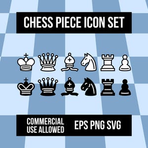 Puede incluir: Un conjunto de iconos de piezas de ajedrez en blanco y negro, que incluyen el rey, la reina, el alfil, el caballo, la torre y el peón. El texto "CHESS PIECE ICON SET" se muestra encima de los iconos. También están presentes las palabras "COMMERCIAL USE ALLOWED" y "EPS PNG SVG".