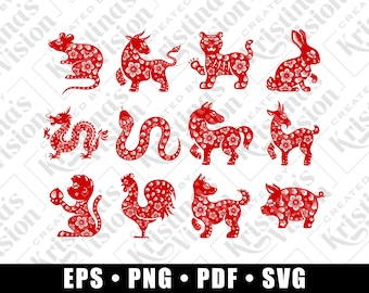 12 Chinese Zodiac Signs Vector Clip Art Images | Traditional Papercut Style | SVG EPS PNG Pdf Bundle | Full Set of Chinese Astrology Symbols