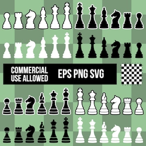 Puede incluir: Un conjunto de piezas de ajedrez en blanco y negro, incluyendo peones, torres, caballos, alfiles, reinas y reyes. La imagen también incluye un pequeño patrón de tablero de ajedrez y el texto "COMMERCIAL USE ALLOWED EPS PNG SVG".