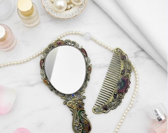 Vintage Bronze Butterfly Enamel Mirror and Comb Set