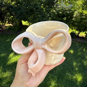 Handmade Ceramic Bow Mug: Whimsical Pastel Pink Coffee Cup