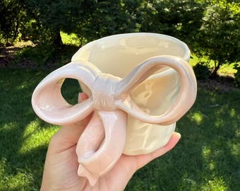 Handmade Ceramic Bow Mug: Whimsical Pastel Pink Coffee Cup