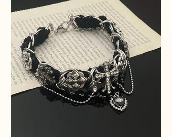 Gothic Cross Choker Necklace Vintage Punk Silver Chain Collar with Black Accents Statement Jewelry for Alternative Fashion Unisex Gift