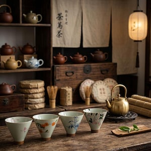 May include: A still-life image of a tea ceremony setup. It features a variety of teapots, tea cups, and tea-making accessories. The teacups have floral designs. A golden teapot sits on a black trivet. The scene is set on a wooden table.