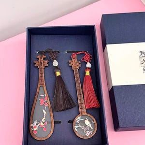 Chinese Instrument Bookmark Set: Pipa & Ruan with Floral Tassels
