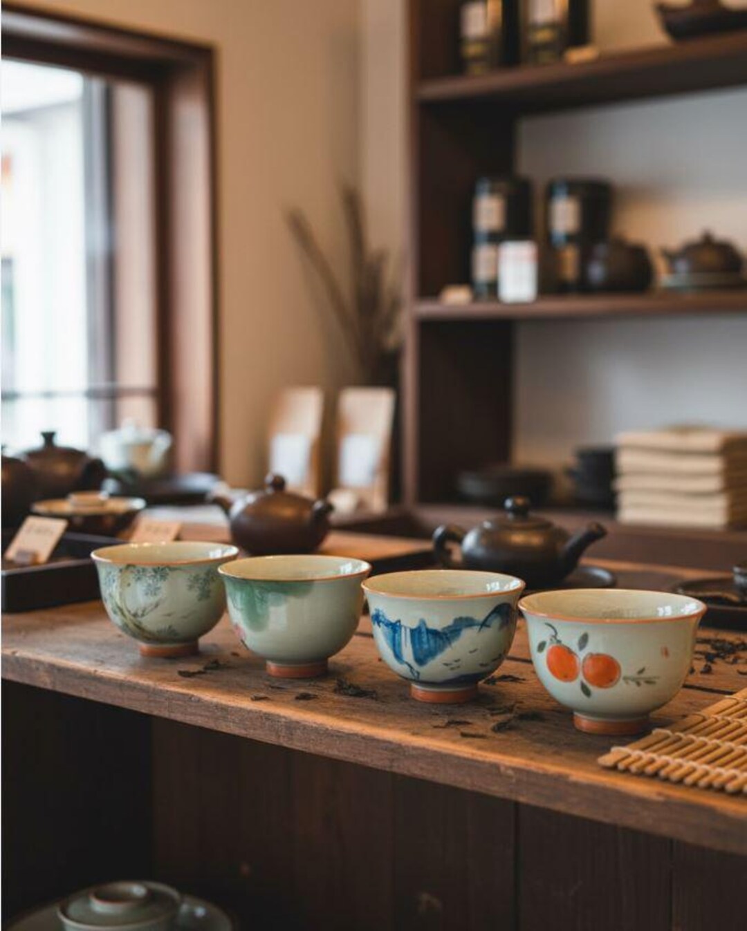 Hand-Painted Japanese Tea Cups Set: Vintage Ceramic Yunomi