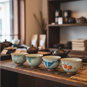 May include: Four ceramic tea cups with hand-painted designs sit on a wooden shelf. The cups feature various motifs, including landscapes and fruit, with a light green and orange color palette. The cups are displayed in a tea shop setting.