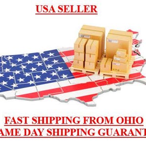 May include: A 3D rendering of the United States map in the colors of the American flag, with several cardboard boxes on top. The text "USA SELLER" is above the map, and "FAST SHIPPING FROM OHIO SAME DAY SHIPPING GUARANTY" is below.