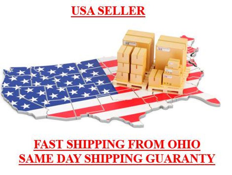 May include: A 3D rendering of the United States map in the colors of the American flag, with several cardboard boxes on top. The text "USA SELLER" is above the map, and "FAST SHIPPING FROM OHIO SAME DAY SHIPPING GUARANTY" is below.