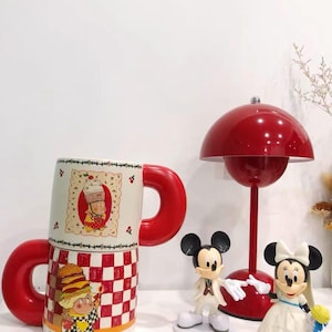 Kawaii Cartoon Cup Gift Box Funny Character Cup Illustrated Ceramic Cup Red White Checkered high capacity Coffee mug Big Handle Large Volume