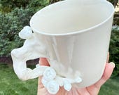 Handmade Ceramic Mug with Floral Handle - Artisan Sculptural Coffee Cup