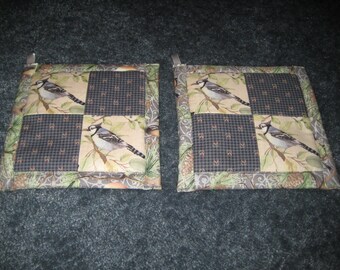 Chickadees A Whole-Cloth Cotton Print with Dusty Blue Background Potholder Great Gift Idea Adorable