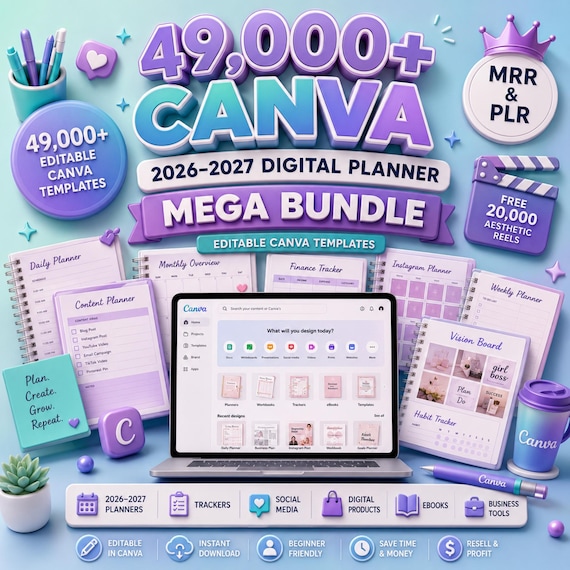 49,000+ Digital Planner Bundle 2026–2028, Editable Canva PLR MRR Planner Templates, GoodNotes Notability, Daily Weekly Journal MRR