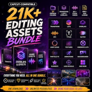 Może przedstawiać: Cyfrowy pakiet zasobów do edycji z tekstem 21K+ EDITING ASSETS BUNDLE. Grafika przedstawia ikony przejść, LUT-ów, nakładek, efektów dźwiękowych, tytułów i filmów, na ciemnofioletowym tle z jasnymi neonowymi akcentami.
