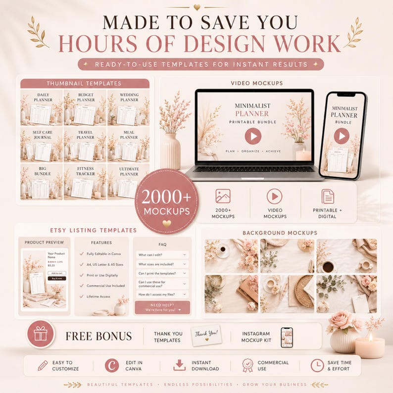 May include: A digital marketing kit featuring 2000+ mockups, thumbnail templates, video mockups, and background mockups for planners. The text reads Made to Save You Hours of Design Work, Ready-to-Use Templates for Instant Results, and Free Bonus.