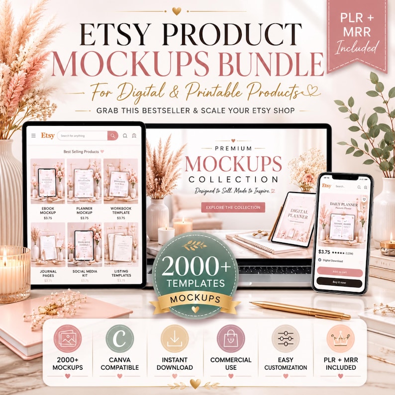 Etsy Listing Mockup Bundle, Editable Canva Product Mockups, Etsy Shop Thumbnail Templates, Canva Digital Marketing Kit, Instand Download image 1