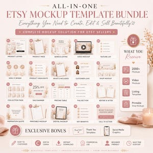 May include: An all-in-one Etsy mockup template bundle featuring twenty numbered digital design panels. The layout includes sections for product listings, video mockups, pricing tables, and FAQs, with a sidebar detailing 2000+ mockups, video mockups, listing templates, and printable shop mockups.