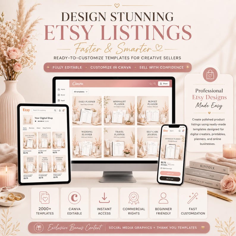 May include: A digital marketing display featuring a computer monitor, tablet, and smartphone showing Etsy shop templates. Text includes "DESIGN STUNNING ETSY LISTINGS," "Faster & Smarter," "READY-TO-CUSTOMIZE TEMPLATES," and "Professional Etsy Designs Made Easy."