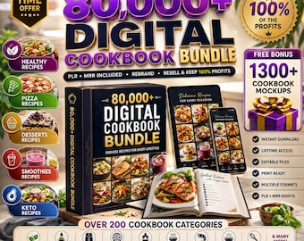 Kochbuch-Paket mit über 80.000 Rezepten | 200 digitale Kochbücher | Speiseplanung & Rezeptsammlung | Sofortiger PDF-Download zum Ausdrucken | Weiterverkauf mit Gewinn