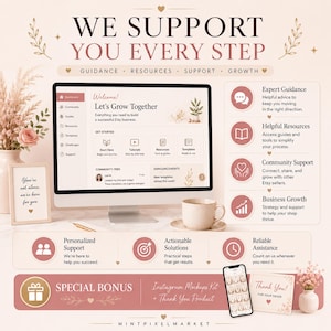 May include: A digital marketing graphic titled WE SUPPORT YOU EVERY STEP featuring a computer monitor displaying an Etsy dashboard, a list of support services with icons, and a special bonus section with an Instagram mockup kit and thank you card.