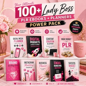 May include: A collection of digital product planners and ebooks titled 100+ Lady Boss PLR Ebooks + Planners Power Pack. The set includes various guides like Social Media Planner, Digital Products Launch Planner, and Success Mindset Journal.