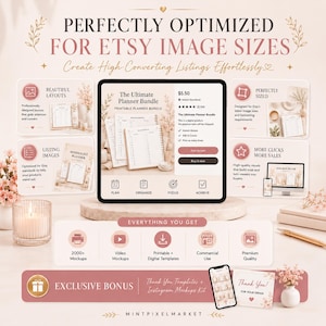 May include: A digital marketing graphic for Etsy sellers featuring a tablet displaying a planner bundle listing. The layout includes text headers, feature icons, and promotional sections for templates, mockups, and commercial use rights.